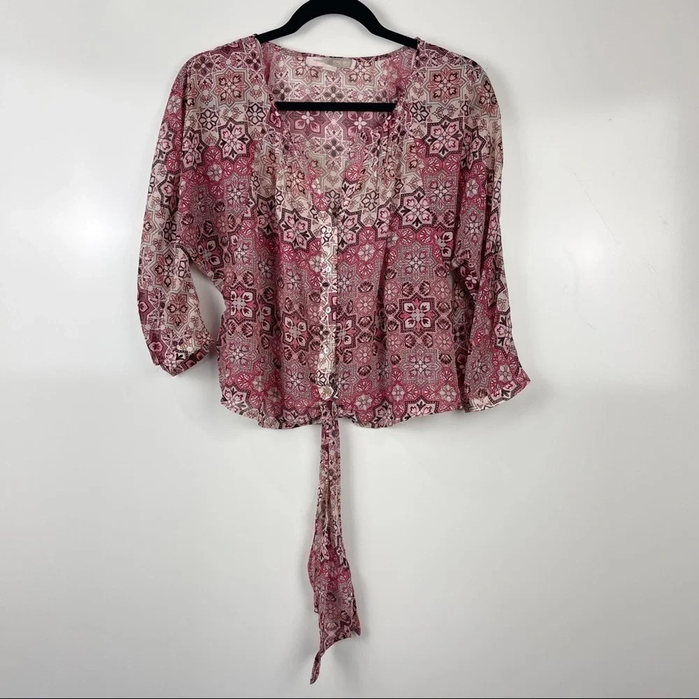 Forever 21 Pink Floral Paisley Print Sheer Half Sleeve Button Front Top Small